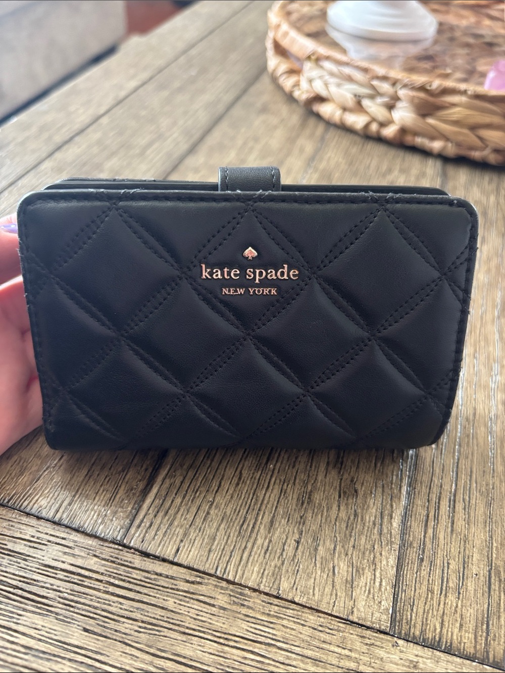Kate Spade Black Quilted Leather Compact Wallet with Gold Logo